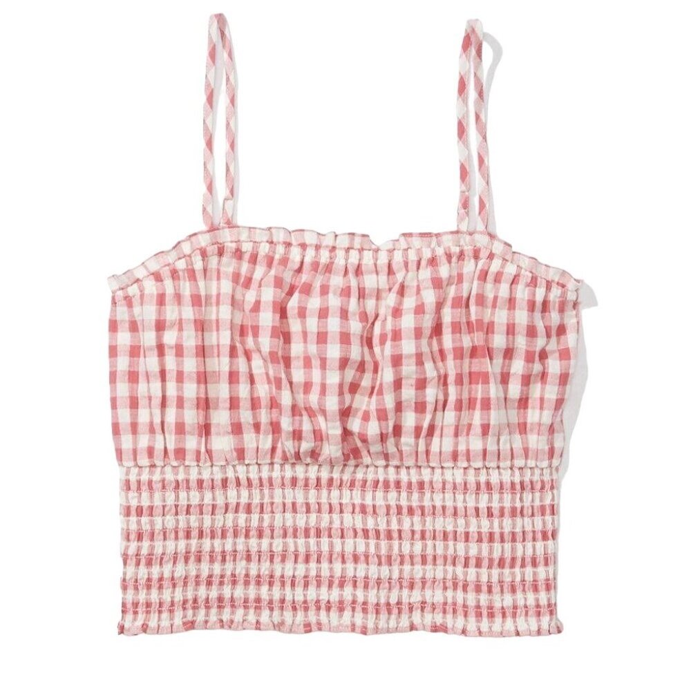 American Eagle Plus Size XXL Crop Top Gingham Smocked Pink White Lightweight - Picture 2 of 9
